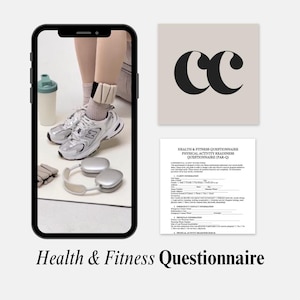 May include: A smartphone displays fitness items: silver sneakers, a water bottle, and headphones. A beige card with black "CC" letters and a "Health & Fitness Questionnaire" form are also shown. The image is themed around health and wellness.