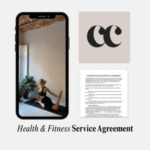 May include: A smartphone displays a woman in a yoga pose on a mat. Beside it, a beige square with black intertwined "CC" letters and a fitness service agreement. The text at the bottom reads "Health & Fitness Service Agreement."