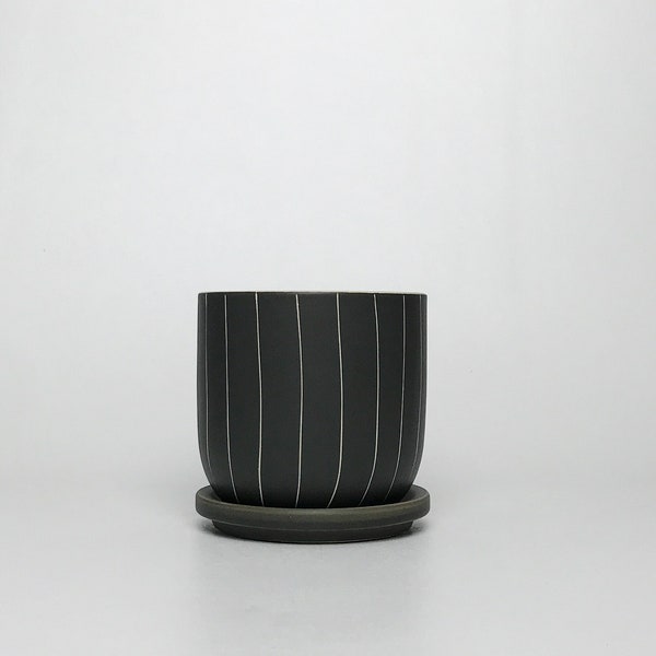 Matte Charcoal Ceramic Planter w/ Attached Drain Dish - 2 sizes