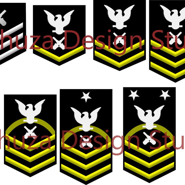 Navy Gunner's Mate Rating Badges SVG cutting design files (you get 5 file types of each of 7 rates: pdf, svg, dxf, eps, studio3)