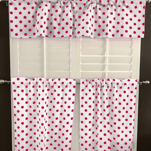 lovemyfabric Poly Cotton Fun with Polka Dots/Spots Print 3-Piece Kitchen Curtain Valance Window Treatment Set