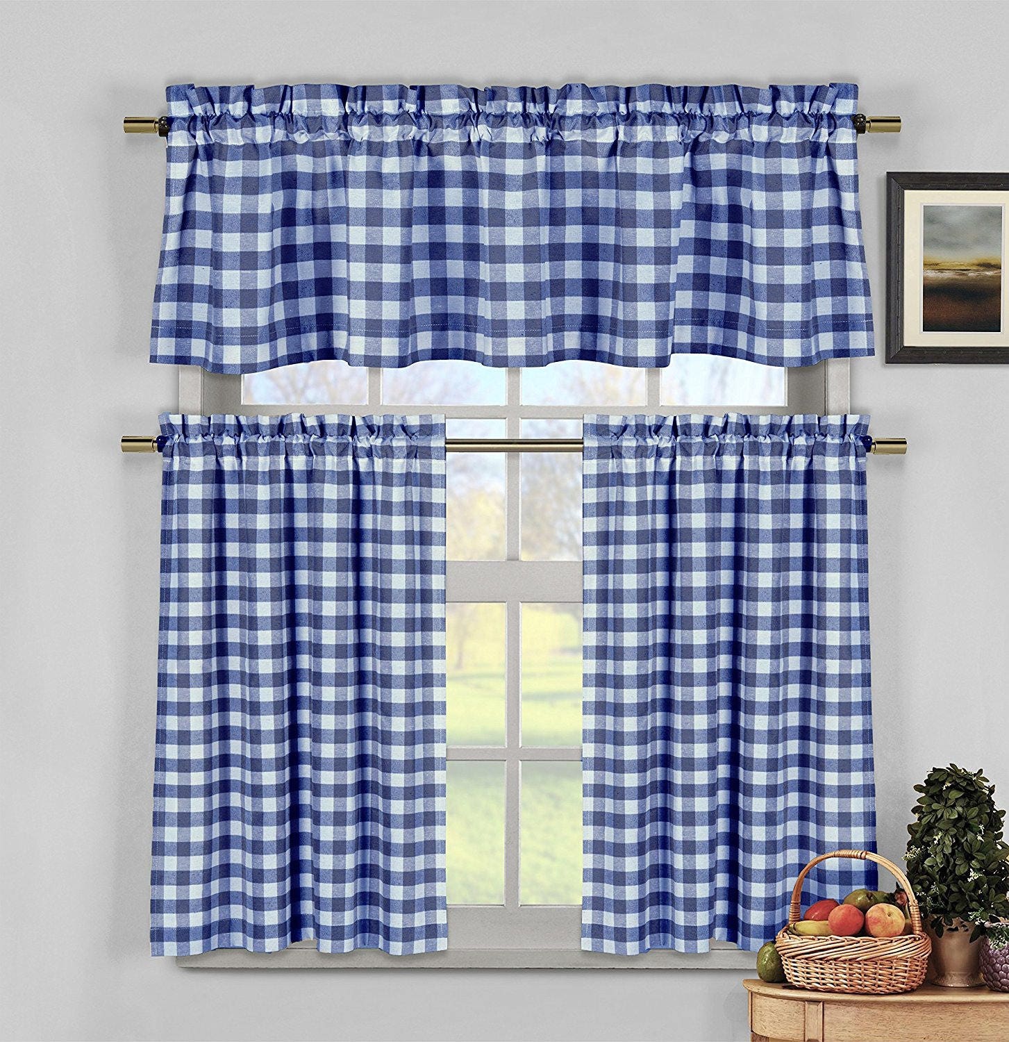 Discover Gingham Checkered Plaid Design 3-Piece Tier Curtain Set, Gift for her