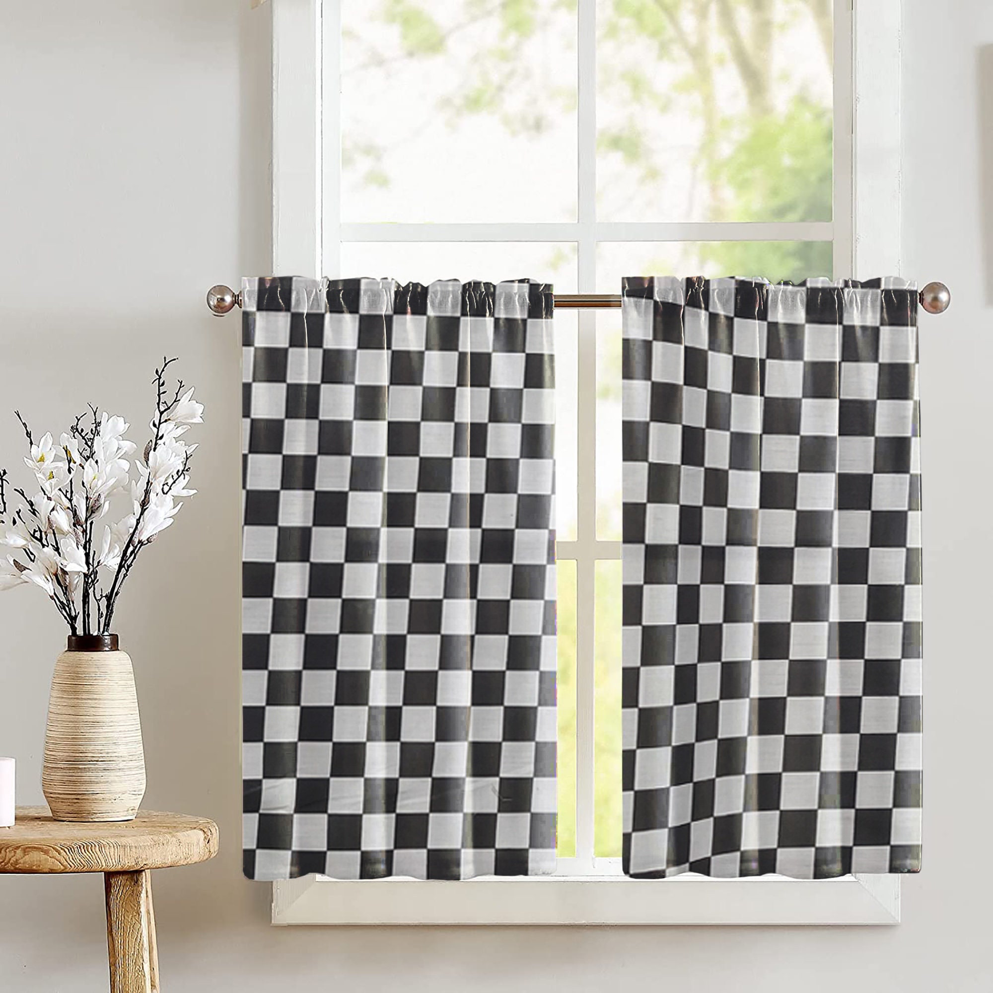 Cenefa de cortina semiopaca para cocina, con estampado floral negro,  pequeña cortina corta para ventana de café con volantes rosas, bolsillo  para