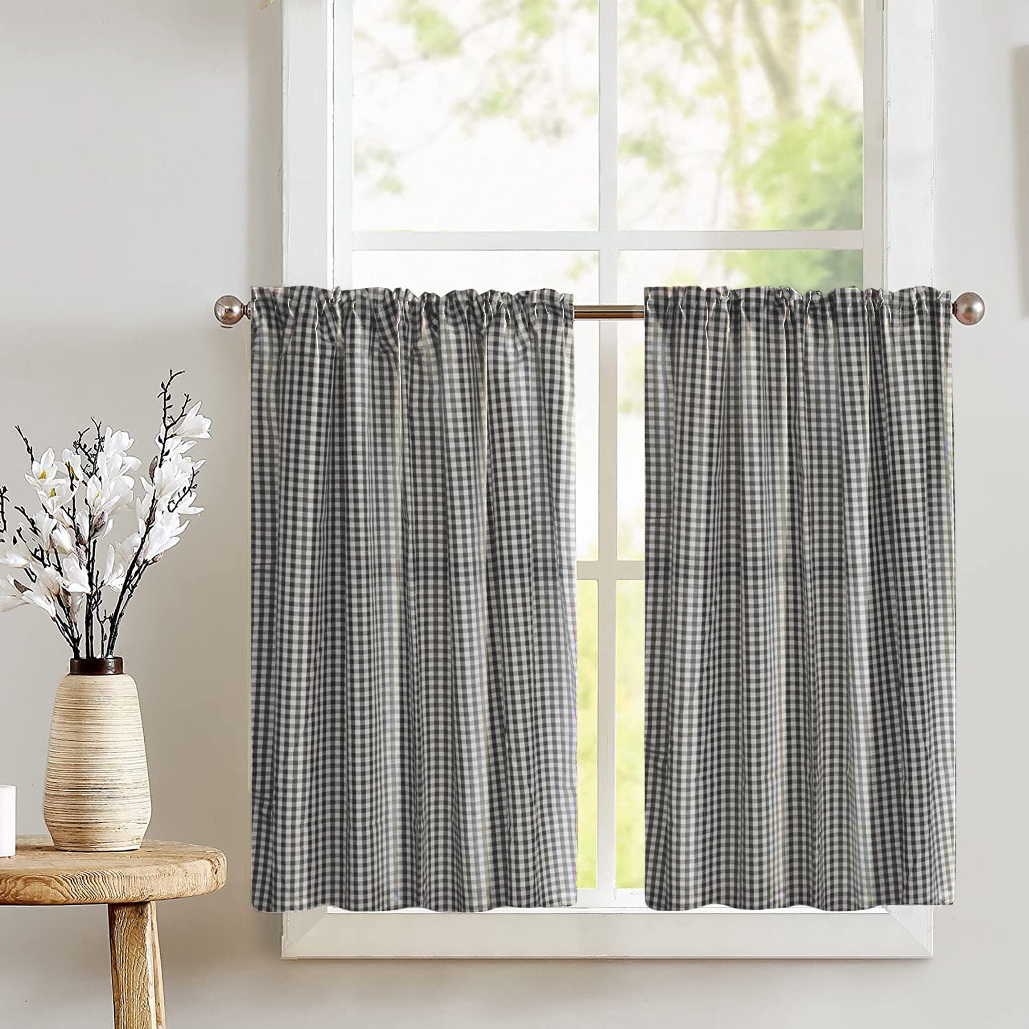  Haperlare Tier Curtains for Kitchen Window, Plaid Gingham  Pattern Short Bathroom Window Curtain, Buffalo Check Yarn Dyed Half Window  Kitchen Cafe Curtains, 28 x 30, Black/White, Set of 2 : Home