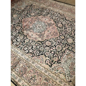 Hand Knotted Kashmir Silk Rug: Floral Medallion, 1950s (LOCAL PICKUP ONLY)
