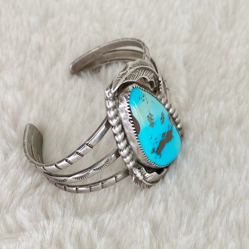 Bracelet Cuff 1940s Three Bar Navajo with large Turquoise image 2