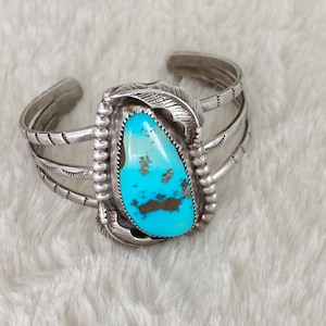 Bracelet Cuff 1940s Three Bar Navajo with large Turquoise image 1