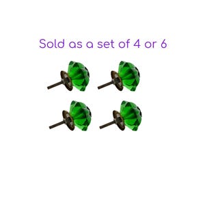 Vintage Emerald Green Glass Cabinet Knobs - Solid Brass Rosette, Set of 4/6
