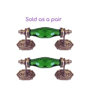 Vintage Green Faceted Glass Door Handles – Solid Brass Plates – Antique Hardware – Set of 2