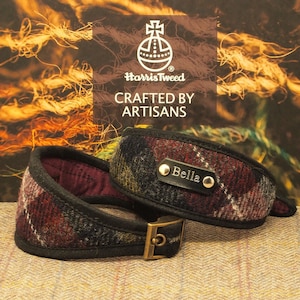 Tartan personnalisé, collier lévrier lévrier ou coupe slim, vert olive bordeaux, rembourré. Facultatif pour le nom sur le col. Tweed Harris.