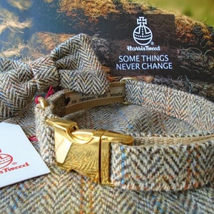 HARRIS TWEED dog collar brown, bow tie and lead optional. Gold, Antique Brass, Rose Gold or Silver hardware.  Classic tan herringbone