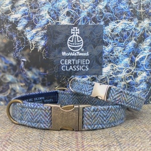 HARRIS TWEED Dog Collar Mid-denim blue herringbone, hardware options, optional Bow Tie & optional Lead. Personalised optional