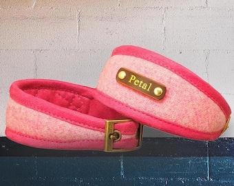 Pink Harris Tweed Dog Collar, Sighthound Collar or Slim Fit collars, Soft & Padded. Optional Personalisation. Puppy collar to XXL sizes.