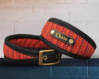 Harris Tweed Dog Collar: Custom Padded Sighthound, Greyhound, Whippet collars or regular Slim fit, Puppy collar to XXL sizes.