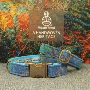 HARRIS TWEED Dog Collar blue tartan. Gold, Rose Gold, Silver or Antique Bronze Hardware.  Optional Lead & Bow Tie. Personalisation available
