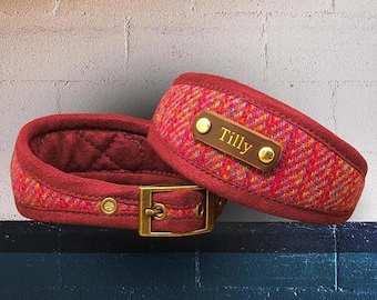 Raspberry Harris Tweed Dog Collar: Whippet, Sighthound or Greyhound Collar or Slim fit. Optional Personalization.