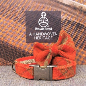 HARRIS TWEED Dog Collar orange tartan, gold, antique brass, silver or rose gold with optional Lead and Bow Tie. Personalisation available