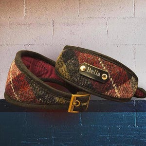 Harris Tweed Tartan Sighthound Collar for Whippet, Greyhound or Slim Fit. Soft & padded for delicate necks. Custom Personalised name option.
