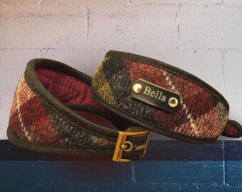 Harris Tweed Tartan Sighthound Collar for Whippet, Greyhound or Slim Fit. Soft & padded for delicate necks. Optional Personalisation.