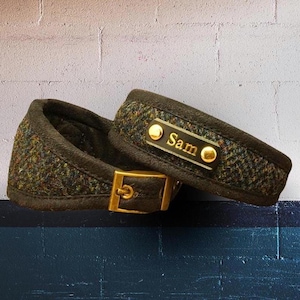 Harris Tweed Dog Collar: Black & Gold Herringbone, Whippet, Greyhound, Lurcher or Slim Fit dog collars with optional Name Personalisation.