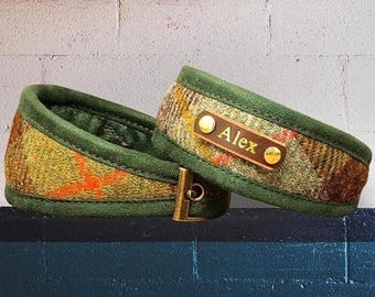 Harris Tweed Dog collars: Whippet collar, Greyhound, Sighthound or Slim Fit. Optional name personalisation. Macleod Tartan. Puppy to XXL.