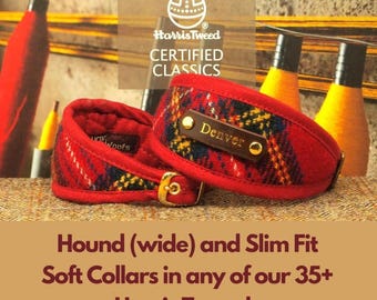 Harris Tweed Personalised hound collar Greyhound whippet saluki or Slim Fit. Padded. Choose from 35 Harris tweeds. Optional personalisation.