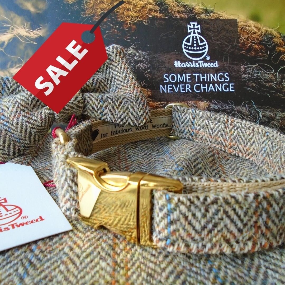 Harris Tweed dog collar brown, optional Lead & Bow Tie in classic tan…