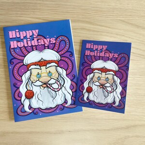 Carte de Noël groovy, carte de voeux rétro père Noël hippie vacances