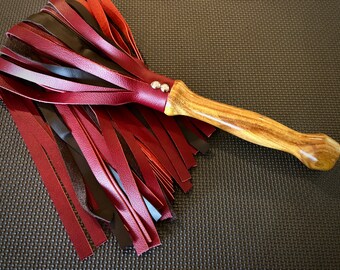 Handmade Leather Flogger, Canarywood Handle, Red & Brown Falls