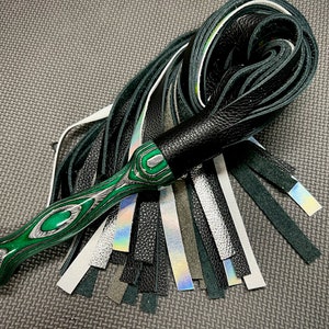 Handmade Leather Flogger: Metallic Accent Falls, Green Specraply Handle