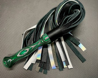 Handmade Leather Flogger: Metallic Accent Falls, Green Specraply Handle