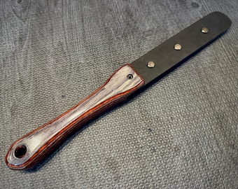 Black Leather Studded Strap, with spectraply wood handle - Handmade, Custom BDSM Kink Toy