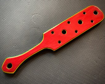 Red & Yellow Spanking Paddle - Hole Pattern - Handcrafted, Custom BDSM Kink Toy