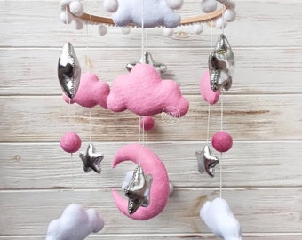 Baby Pink Felt Crib Mobile, Pink and white clouds, Silver stars mobile, Pink moon mobile, Baby shower gift