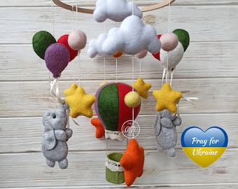 Baby Elephant Felt Mobile, Crib mobile for nursery, Red & Green Hot air balloon mobile, Baby shower gift