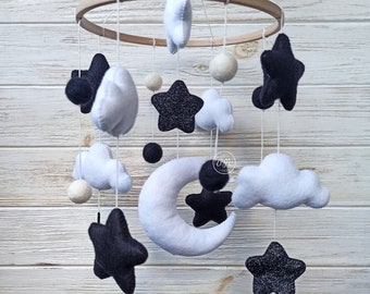 Monochrome fetl crib mobile, Black and white soft mobile, Baby shower gift, Moon and stars mobile, Clouds nursery decoration