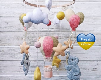 Baby felt Elephant mobile, Crib mobile for nursery, Hot air ballon mobile, Baby shower gift