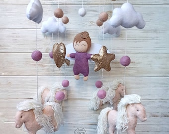 Felt Angel crib mobile with horses, Guardian angel mobile, Baby girl mobile, Nursery decor