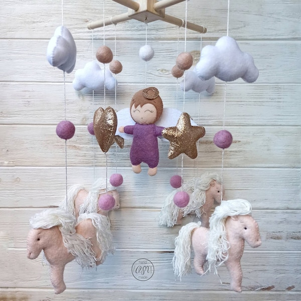 Felt Angel crib mobile with horses, Guardian angel mobile, Baby girl mobile, Nursery decor