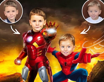 スーパーヒーローの子供の肖像画 / あなたの写真からあなた自身のスーパーヒーローの肖像画を手に入れよう / スーパーヒーローの似顔絵 / カスタムスーパーヒーローの肖像画 / 子供への贈り物