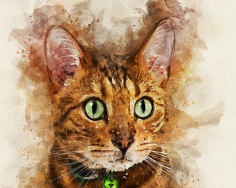 Watercolor Pet Portrait, Custom Cat Portrait , Watercolor Cat, Decorative watercolor wall art,  Monther's Day gift, Cat Memorial