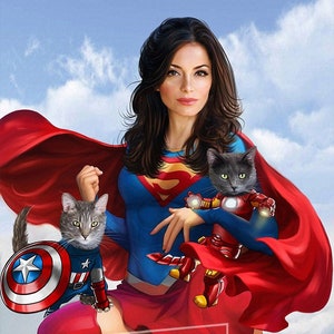Superhero Family portrait, Caricature Gift For Couple, Superheroes custom portrait of your pets: dog, cat, cartoon portrait