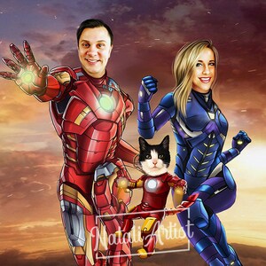 Custom Superhero Caricature, Couple Superhero Portrait, Superhero Cartoon, Caricature from photo Fathers day gift