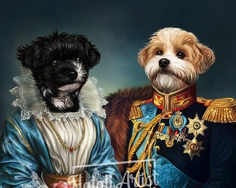 May include: A black and white dog dressed in a blue and white gown with a lace collar and a gold necklace, holding a pink rose. A brown and white dog dressed in a blue and gold military uniform with gold trim and medals. The dogs are posed in a portrait style.