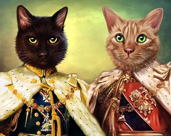Op de afbeelding: Twee katten gekleed in koninklijke kleding. De kat links is zwart met gele ogen en draagt een gouden en witte robe met een zwarte en gouden band. De kat rechts is oranje met groene ogen en draagt een rode en gouden robe met een witte en gouden band. De achtergrond is een groene en gele gradiënt.