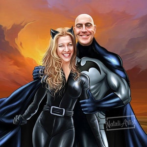 Superheroes Family Portrait - Custom cartoon portrait, Custom caricature, Caricature Gift For Couple, Wedding portrait, gift for him