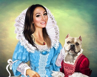 Custom Renaissance Royal Queen with Pet - Personalized Family Portrait - Regal Gift