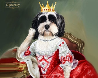May include: A white and black dog wearing a red and white dress and a gold crown with red jewels. The dog is sitting on a red velvet chair with a gold frame.
