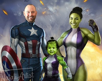 Retrato personalizado de pareja de superhéroes, caricatura a medida, regalo de aniversario