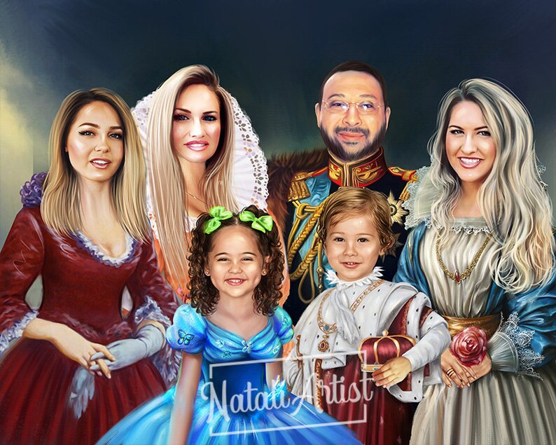 Pode incluir: Uma pintura de retrato familiar com tema real. A pintura apresenta um homem e uma mulher em trajes reais, juntamente com duas crian&ccedil;as vestidas como realeza. A mulher &agrave; esquerda est&aacute; vestindo um vestido vermelho, a mulher &agrave; direita est&aacute; vestindo um vestido azul e o homem est&aacute; vestindo um uniforme azul e dourado. As crian&ccedil;as est&atilde;o vestindo roupas brancas e douradas. A pintura est&aacute; sobre um fundo azul escuro.